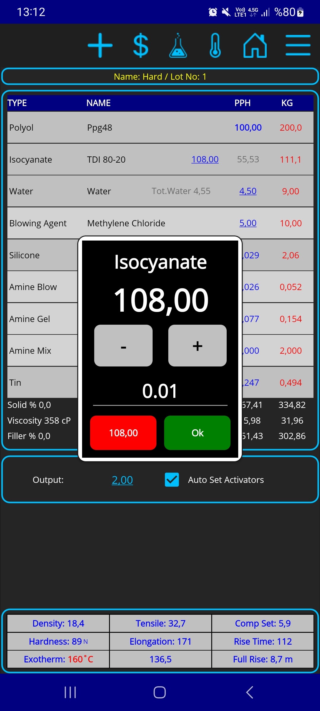 Kimyasalın oranını güncelleme ekranı.